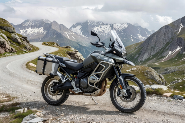 Complete adventure touring motorcycle with spoked wheels, windscreen, crash protection bars, and dual-purpose tyres