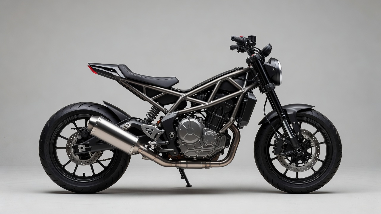 Full profile studio photograph of complete Apex Hyper Naked motorcycle with visible trellis chassis, dual wheels, seat, handlebars, and brushed metal exhaust