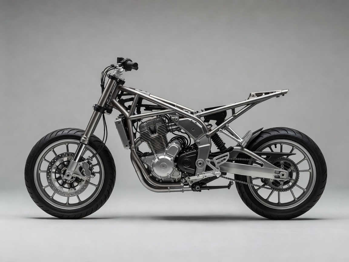 Complete naked street motorcycle showing exposed frame, engine block, handlebars, and full wheel assembly in studio lighting