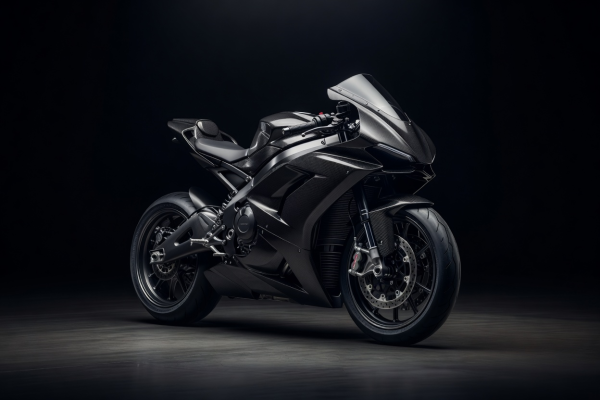 Full view of production super sport motorcycle in dark studio with complete racing fairings, clip-ons, and full front and rear wheels