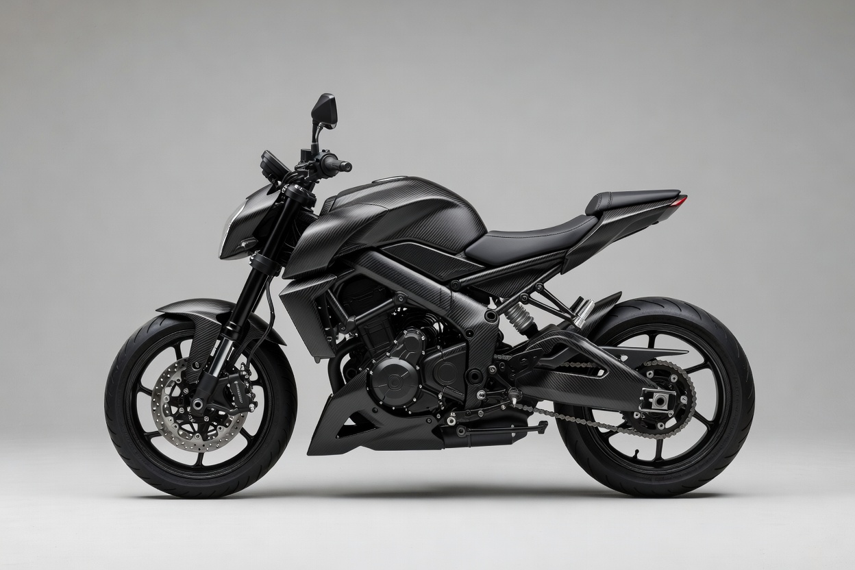 Complete studio photograph of Apex Carbon Hyper Naked motorcycle showing complete front and rear wheels, frame, handlebars, and seat