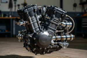 Realistic close-up photograph of engine casing and titanium exhaust manifold