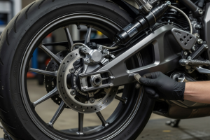 Rear alloy wheel, mono-shock suspension, and radial brake caliper detail