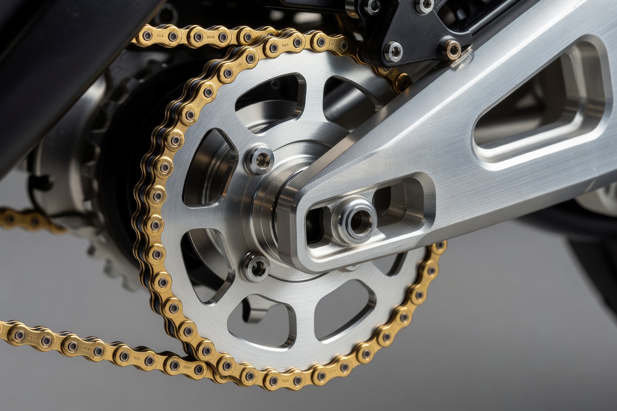 Close-up photograph of lightweight racing rear sprocket, gold O-ring chain, and billet aluminium swingarm