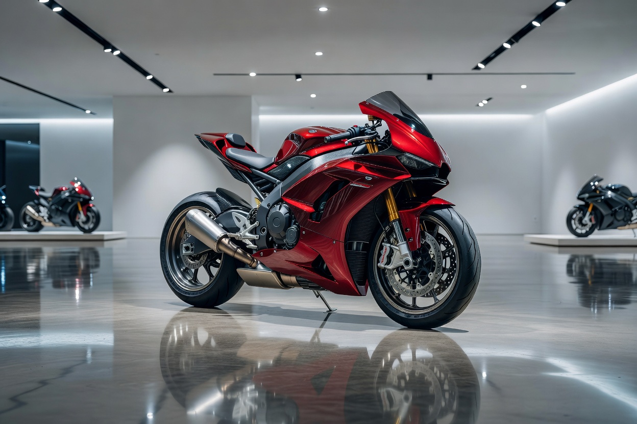 Complete high-performance sport motorcycle on polished showroom floor showing entire frame and both wheels