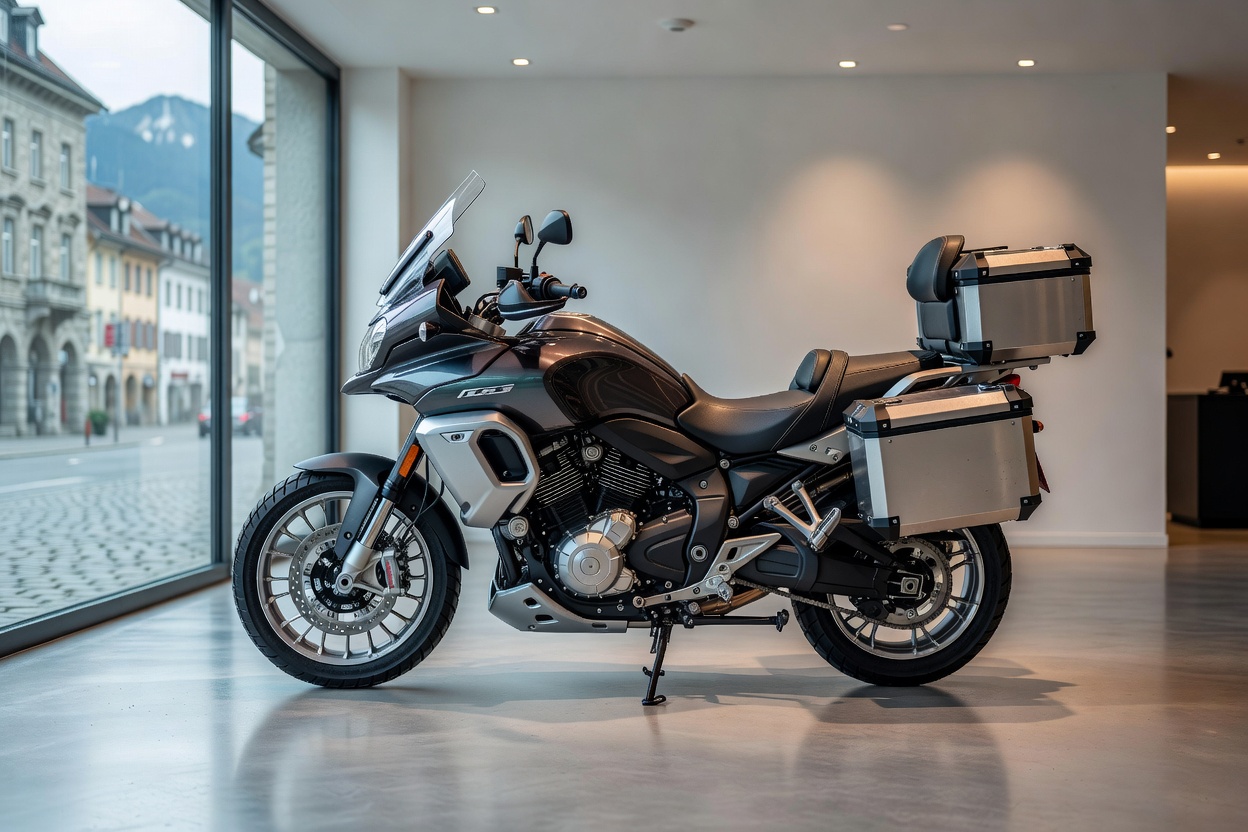 Full profile photograph of complete transcontinental touring motorcycle in St. Gallen showroom