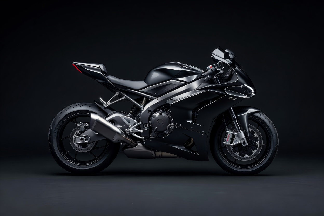 Complete production sport motorcycle photographed in dark studio with precision lighting showing full front and rear wheels, frame, handlebars, and exhaust in profile